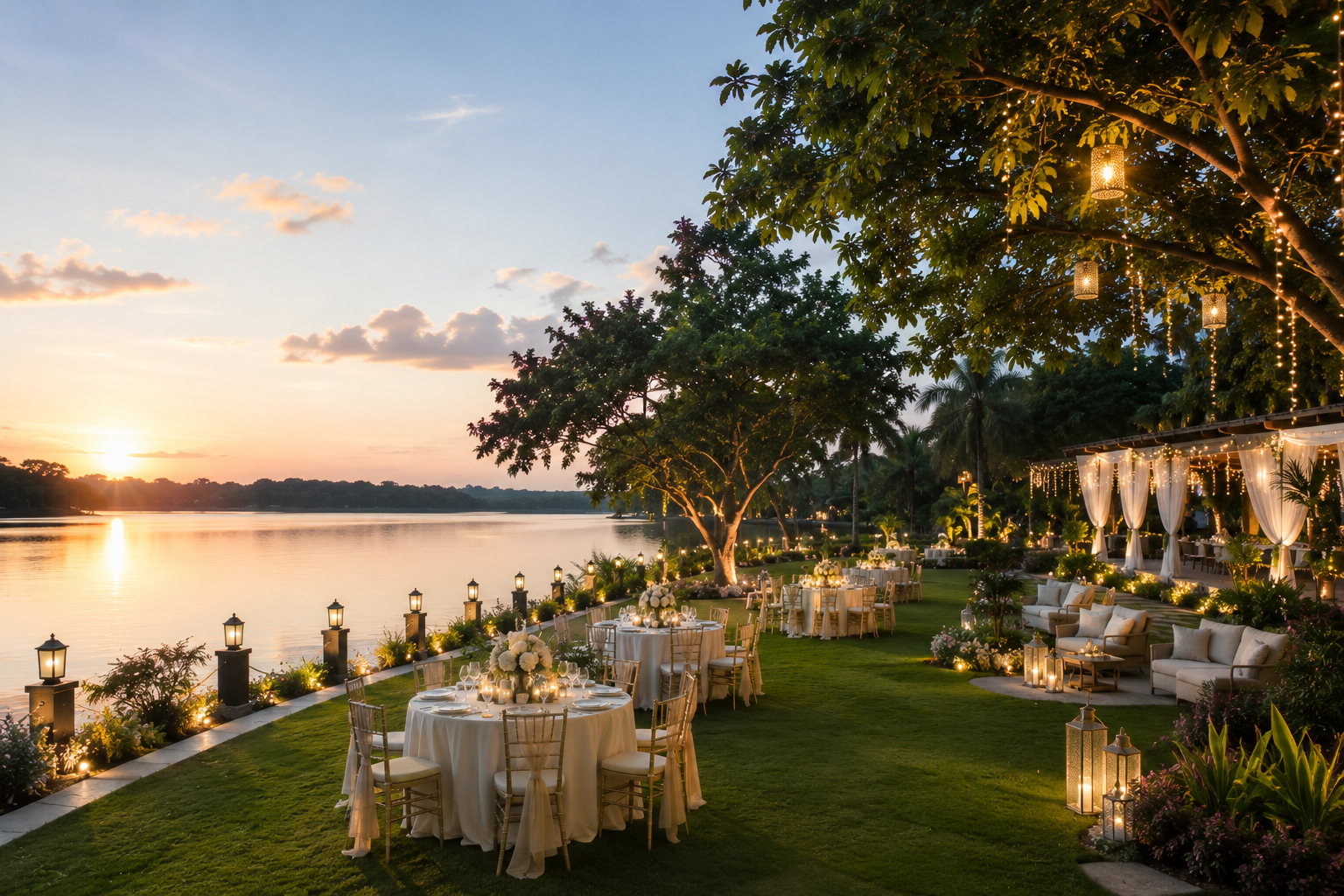 Morning light on the waterside lawn